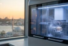 Primo piano di una macchina fresatrice dentale CAD/CAM in una clinica moderna che sta realizzando una corona. Sullo sfondo, una vista sfocata dello skyline di Istanbul al tramonto, a rappresentare il turismo dentale di alta qualità in Turchia.
