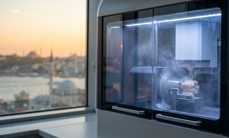 Primo piano di una macchina fresatrice dentale CAD/CAM in una clinica moderna che sta realizzando una corona. Sullo sfondo, una vista sfocata dello skyline di Istanbul al tramonto, a rappresentare il turismo dentale di alta qualità in Turchia.