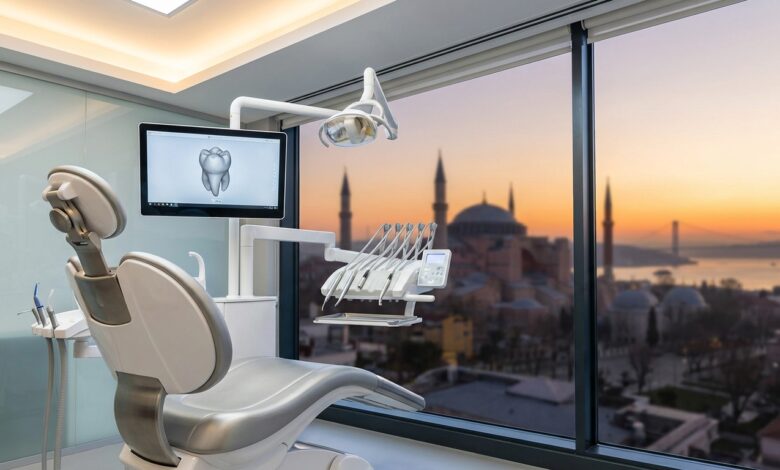 Interno di una clinica dentistica ultramoderna e sterile, con una poltrona odontoiatrica e monitor in primo piano. Sullo sfondo, una grande finestra offre una vista panoramica e sfocata di Istanbul al sorgere del sole.