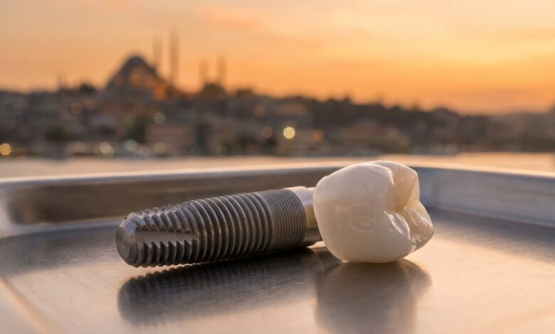 Immagine fotorealistica di un impianto dentale in titanio e una corona in zirconio in primo piano, con una vista panoramica sfocata di Istanbul al tramonto sullo sfondo, a rappresentare il turismo dentale in Turchia.