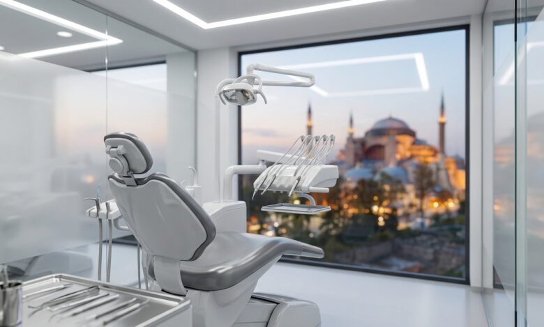 Poltrona odontoiatrica vuota e moderna in una clinica high-tech e pulita, con una grande finestra che mostra una vista panoramica e sfocata dello skyline di Istanbul al tramonto.