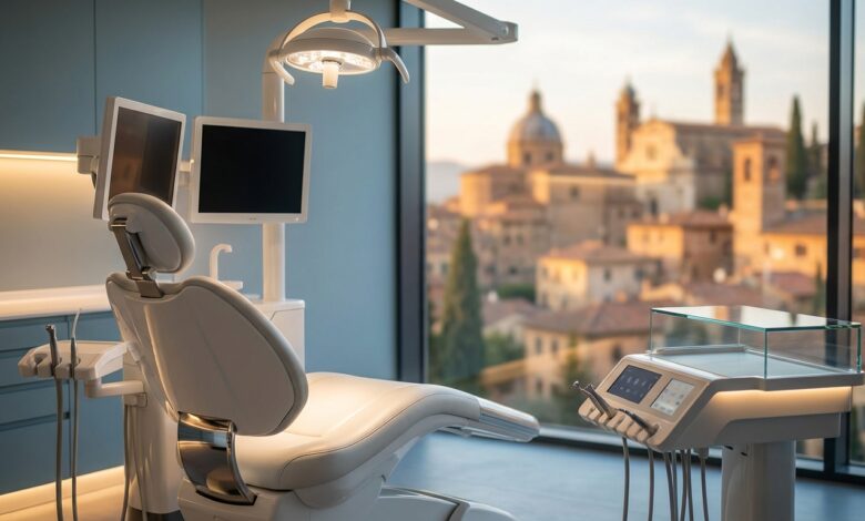 Intérieur d'une clinique dentaire moderne et lumineuse avec un équipement de pointe, et une vue sur une ville italienne ensoleillée à travers la fenêtre.