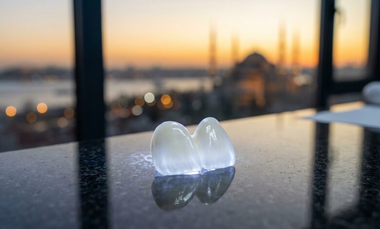 Primo piano di una faccetta dentale in ceramica bianca e perfetta, appoggiata su un tavolo lucido. Sullo sfondo, una vista sfocata e suggestiva dello skyline di Istanbul al tramonto, a rappresentare il turismo dentale di alta qualità in Turchia.