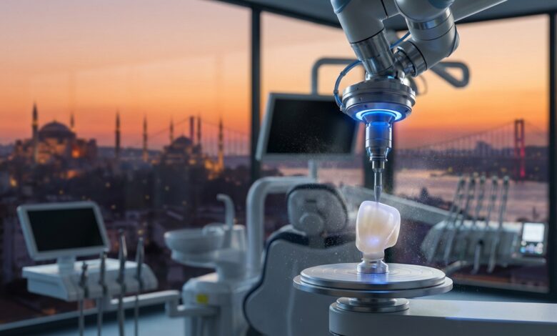 Una fresatrice dentale CAD/CAM di alta tecnologia che scolpisce una faccetta in ceramica bianca e perfetta, con una vista sfocata sullo skyline di Istanbul al tramonto attraverso una finestra, a simboleggiare il turismo dentale in Turchia.