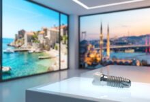 Un modello di impianto dentale fotorealistico in primo piano, posto in una clinica moderna. Sullo sfondo sfocato, una finestra mostra una vista divisa tra la costa croata e lo skyline di Istanbul, a simboleggiare il turismo dentale.