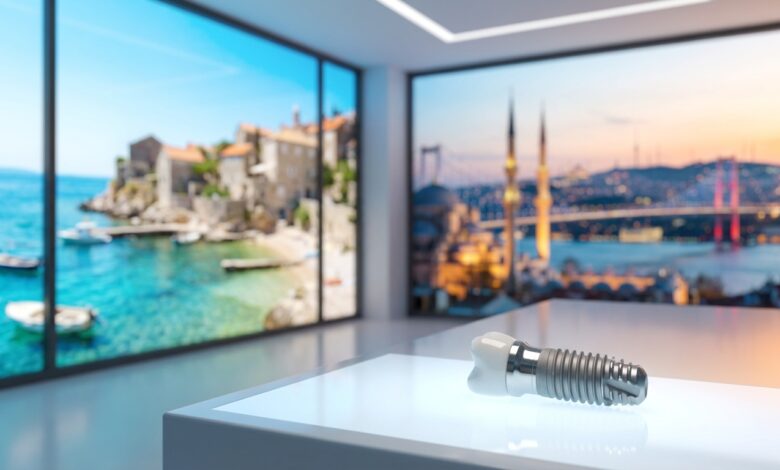 Un modello di impianto dentale fotorealistico in primo piano, posto in una clinica moderna. Sullo sfondo sfocato, una finestra mostra una vista divisa tra la costa croata e lo skyline di Istanbul, a simboleggiare il turismo dentale.