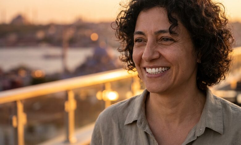 Persona sorridente con un panorama sfocato di Istanbul sullo sfondo, che rappresenta il successo del turismo dentale in Turchia.