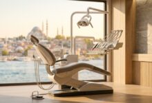 Ein hochmoderner, heller Behandlungsraum einer Zahnklinik. Im unscharfen Hintergrund ist durch ein großes Fenster eine sonnige türkische Küstenstadt zu erkennen, was den Medizintourismus symbolisiert.
