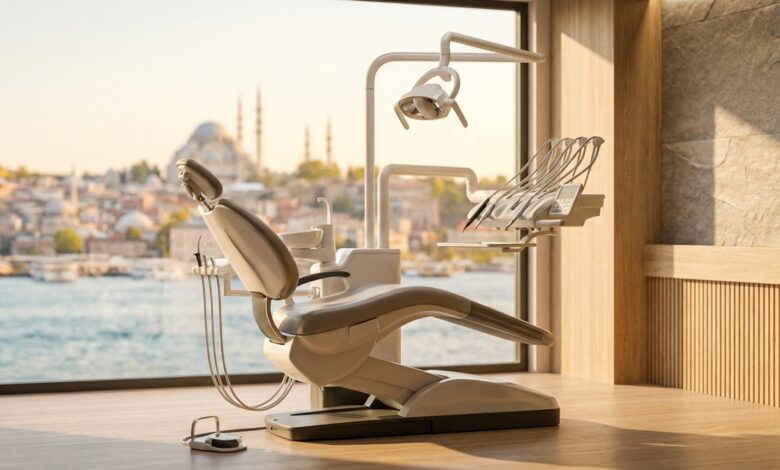 Ein hochmoderner, heller Behandlungsraum einer Zahnklinik. Im unscharfen Hintergrund ist durch ein großes Fenster eine sonnige türkische Küstenstadt zu erkennen, was den Medizintourismus symbolisiert.