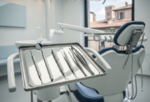 Image photoréaliste d'un intérieur de clinique dentaire moderne et immaculé en Italie, avec un fauteuil dentaire high-tech et des instruments stériles au premier plan, et un aperçu flou d'une ville italienne en arrière-plan.
