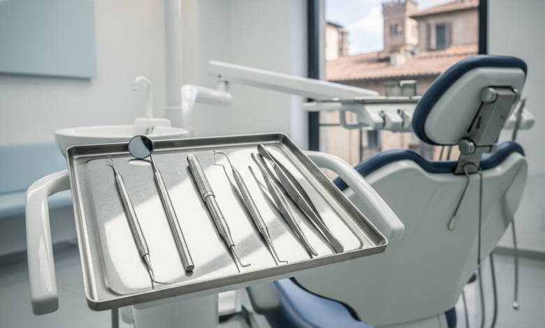 Image photoréaliste d'un intérieur de clinique dentaire moderne et immaculé en Italie, avec un fauteuil dentaire high-tech et des instruments stériles au premier plan, et un aperçu flou d'une ville italienne en arrière-plan.