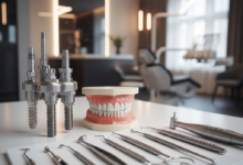 Immagine fotorealistica di componenti di un impianto dentale in titanio su una superficie sterile in una clinica moderna, con uno sfondo sfocato che suggerisce un ambiente professionale italiano.