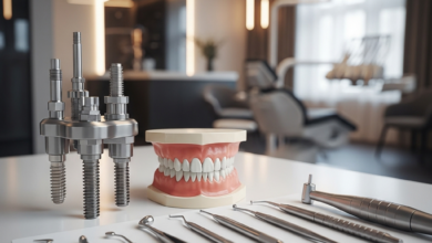 Immagine fotorealistica di componenti di un impianto dentale in titanio su una superficie sterile in una clinica moderna, con uno sfondo sfocato che suggerisce un ambiente professionale italiano.