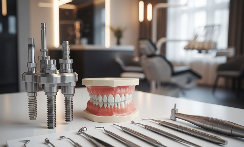 Immagine fotorealistica di componenti di un impianto dentale in titanio su una superficie sterile in una clinica moderna, con uno sfondo sfocato che suggerisce un ambiente professionale italiano.