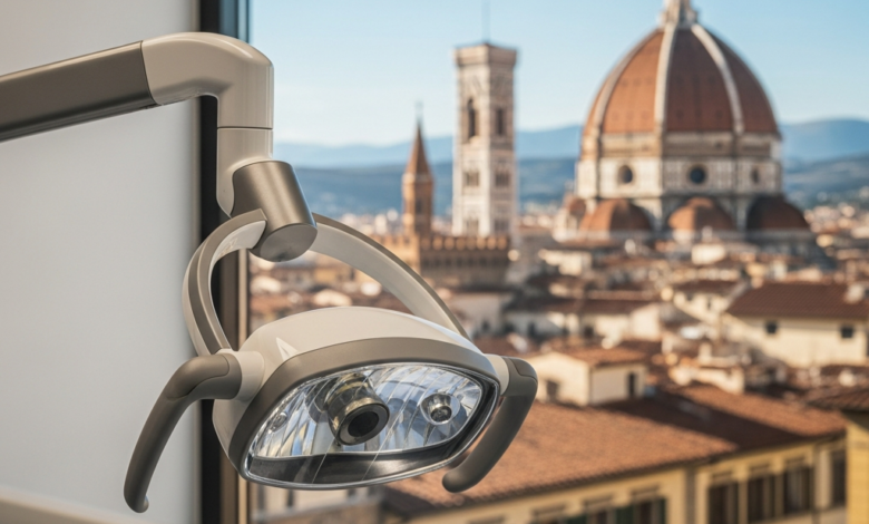 Vue composite d'une clinique dentaire moderne et d'un paysage urbain italien ensoleillé. Au premier plan, des équipements dentaires high-tech légèrement flous dans un environnement stérile. En arrière-plan, une place historique ou une ville côtière italienne baignée de lumière chaude, montrant l'alliance des soins dentaires et du tourisme en Italie, sans aucun texte.