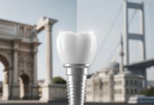 Image conceptuelle comparative avec une dent ou un implant dentaire stylisé et brillant en gros plan net, et en arrière-plan flou, des éléments architecturaux distincts représentant l'Italie et la Turquie, illustrant le tourisme dentaire.