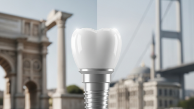 Image conceptuelle comparative avec une dent ou un implant dentaire stylisé et brillant en gros plan net, et en arrière-plan flou, des éléments architecturaux distincts représentant l'Italie et la Turquie, illustrant le tourisme dentaire.