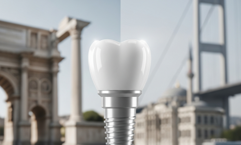 Image conceptuelle comparative avec une dent ou un implant dentaire stylisé et brillant en gros plan net, et en arrière-plan flou, des éléments architecturaux distincts représentant l'Italie et la Turquie, illustrant le tourisme dentaire.
