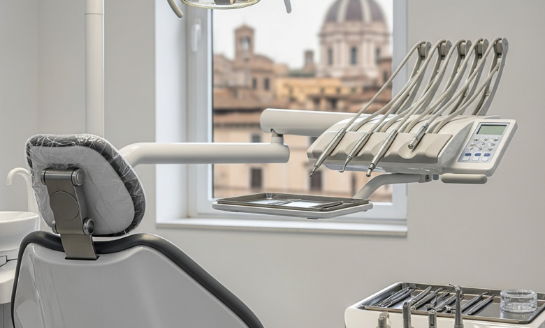 Une salle de traitement dentaire moderne et immaculée avec un fauteuil dentaire high-tech et des instruments chirurgicaux précis, dans un environnement lumineux. En arrière-plan, un paysage urbain italien flou avec une architecture classique est visible à travers une fenêtre, avec un effet bokeh.