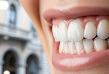 Primo piano di un sorriso radioso con denti bianchi e allineati, risultato di faccette dentali. Lo sfondo è un paesaggio urbano italiano molto sfocato, che aggiunge contesto di location senza distrarre.