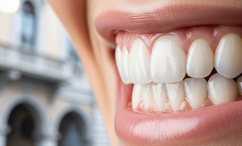 Primo piano di un sorriso radioso con denti bianchi e allineati, risultato di faccette dentali. Lo sfondo è un paesaggio urbano italiano molto sfocato, che aggiunge contesto di location senza distrarre.