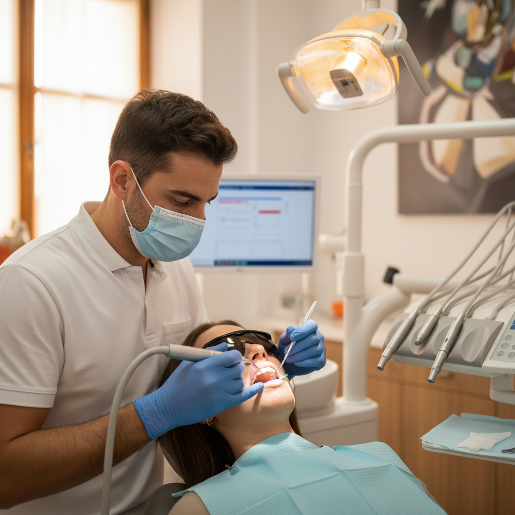Smile Makeover Costo Italia: Il dentista prepara i denti del paziente per un miglioramento estetico.