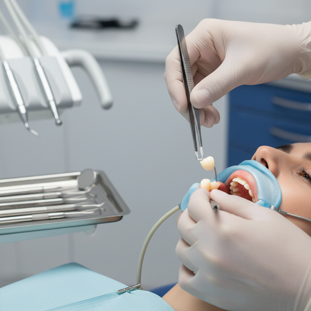 Costo Corona Dentale: Il processo finale di applicazione di una corona definitiva da parte del dentista.