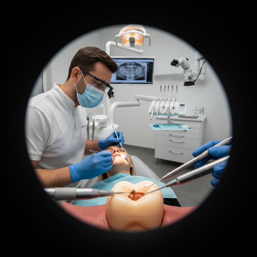 Devitalizzazione Costo Italia: il dentista esegue meticolosamente la procedura di terapia canalare salvando il dente.