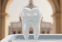 Dente sano e luminoso con un'otturazione in composito perfettamente integrata, quasi invisibile, contro uno sfondo leggermente sfocato che evoca un paesaggio o architettura italiana.