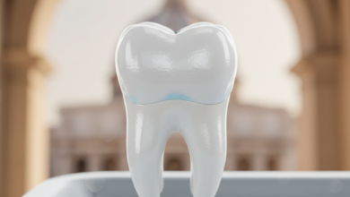 Dente sano e luminoso con un'otturazione in composito perfettamente integrata, quasi invisibile, contro uno sfondo leggermente sfocato che evoca un paesaggio o architettura italiana.