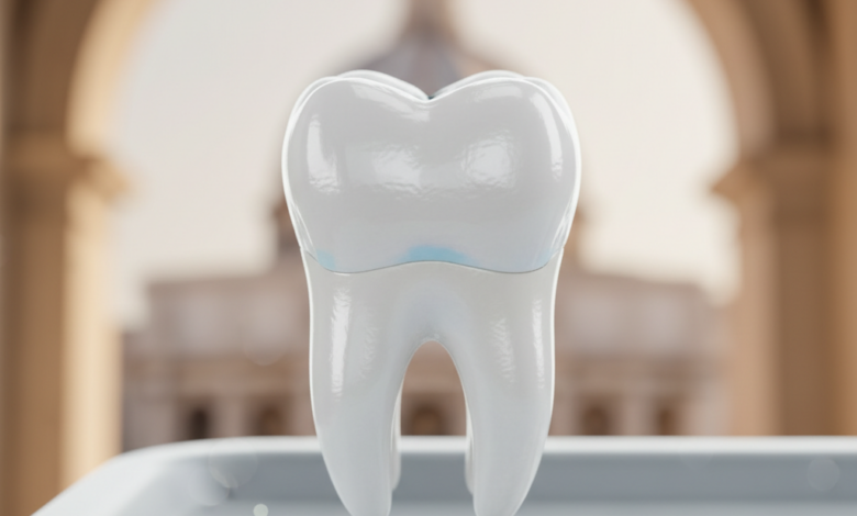 Dente sano e luminoso con un'otturazione in composito perfettamente integrata, quasi invisibile, contro uno sfondo leggermente sfocato che evoca un paesaggio o architettura italiana.