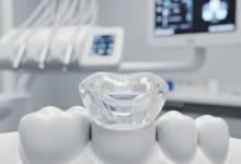 Una corona dentale in zirconio, di colore bianco traslucido e perfettamente levigata, poggia su un modello dentale sterile. Lo sfondo è sfocato e mostra un ambiente clinico moderno e pulito con attrezzature dentali avanzate, suggerendo precisione e alta tecnologia.