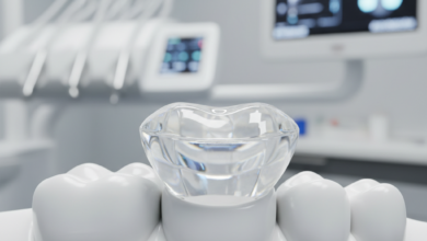 Una corona dentale in zirconio, di colore bianco traslucido e perfettamente levigata, poggia su un modello dentale sterile. Lo sfondo è sfocato e mostra un ambiente clinico moderno e pulito con attrezzature dentali avanzate, suggerendo precisione e alta tecnologia.