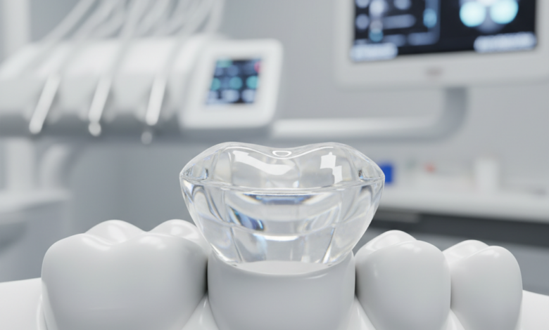 Una corona dentale in zirconio, di colore bianco traslucido e perfettamente levigata, poggia su un modello dentale sterile. Lo sfondo è sfocato e mostra un ambiente clinico moderno e pulito con attrezzature dentali avanzate, suggerendo precisione e alta tecnologia.