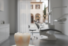 Un primo piano ultra-dettagliato di una corona dentale in ceramica o zirconia dall'aspetto naturale, posizionata su una superficie pulita in un ambiente clinico moderno. Lo sfondo sfocato suggerisce una clinica dentale di alta tecnologia con un accenno all'architettura italiana in lontananza.