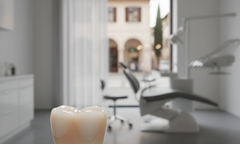 Un primo piano ultra-dettagliato di una corona dentale in ceramica o zirconia dall'aspetto naturale, posizionata su una superficie pulita in un ambiente clinico moderno. Lo sfondo sfocato suggerisce una clinica dentale di alta tecnologia con un accenno all'architettura italiana in lontananza.