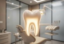 Immagine ravvicinata e dettagliata di un molare sano che irradia una luce soffusa, con uno sfondo sfocato che evoca un ambiente dentale moderno e pulito, senza testo visibile.