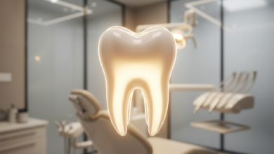 Immagine ravvicinata e dettagliata di un molare sano che irradia una luce soffusa, con uno sfondo sfocato che evoca un ambiente dentale moderno e pulito, senza testo visibile.