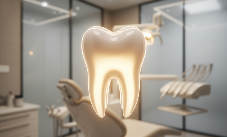 Immagine ravvicinata e dettagliata di un molare sano che irradia una luce soffusa, con uno sfondo sfocato che evoca un ambiente dentale moderno e pulito, senza testo visibile.