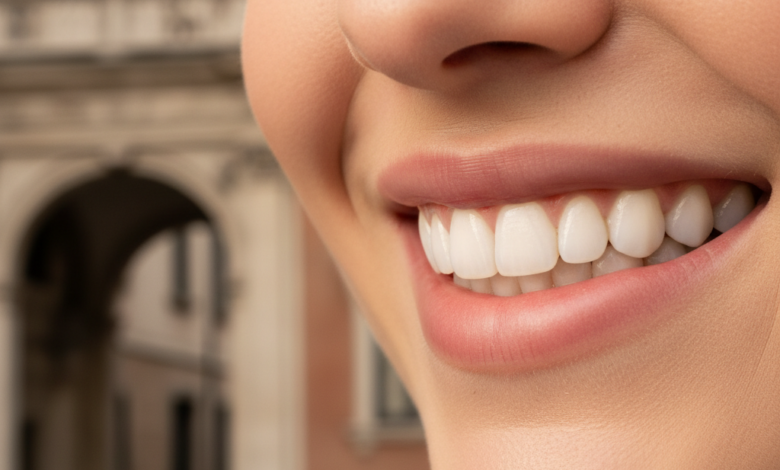 Primo piano fotorealistico di un sorriso luminoso e sano con denti bianchi e allineati, con un'architettura italiana classica sfocata sullo sfondo.