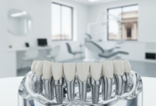 Primo piano di un modello dentale estremamente dettagliato che mostra quattro impianti dentali di precisione che sostengono un'arcata completa di denti, in una clinica odontoiatrica moderna e luminosa, con lo sfondo leggermente sfocato che suggerisce un'ambientazione italiana. Nessun testo visibile nell'immagine.