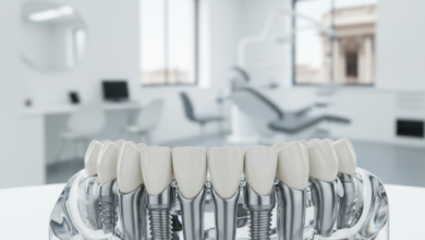 Primo piano di un modello dentale estremamente dettagliato che mostra quattro impianti dentali di precisione che sostengono un'arcata completa di denti, in una clinica odontoiatrica moderna e luminosa, con lo sfondo leggermente sfocato che suggerisce un'ambientazione italiana. Nessun testo visibile nell'immagine.