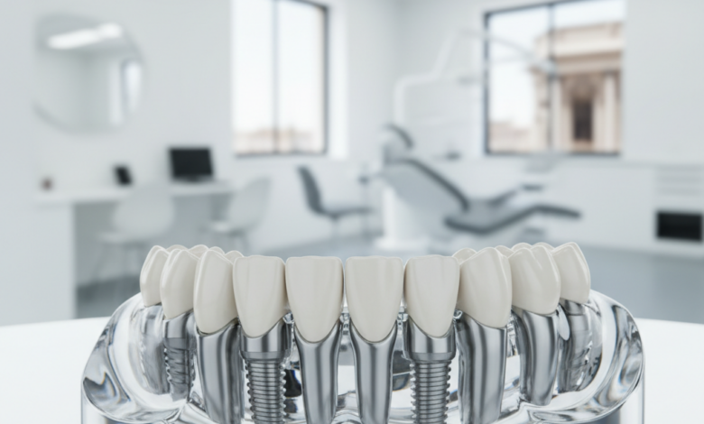 Primo piano di un modello dentale estremamente dettagliato che mostra quattro impianti dentali di precisione che sostengono un'arcata completa di denti, in una clinica odontoiatrica moderna e luminosa, con lo sfondo leggermente sfocato che suggerisce un'ambientazione italiana. Nessun testo visibile nell'immagine.