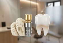 Primo piano fotorealistico di un impianto dentale completo, composto da una vite in titanio, un abutment e una corona in ceramica. Dettagli nitidi su sfondo sfocato di una clinica odontoiatrica moderna con illuminazione calda. Nessun testo visibile.