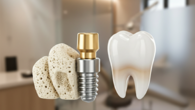 Primo piano fotorealistico di un impianto dentale completo, composto da una vite in titanio, un abutment e una corona in ceramica. Dettagli nitidi su sfondo sfocato di una clinica odontoiatrica moderna con illuminazione calda. Nessun testo visibile.