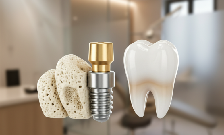 Primo piano fotorealistico di un impianto dentale completo, composto da una vite in titanio, un abutment e una corona in ceramica. Dettagli nitidi su sfondo sfocato di una clinica odontoiatrica moderna con illuminazione calda. Nessun testo visibile.