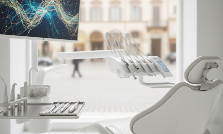 Immagine fotorealistica di un moderno e sofisticato studio dentistico in Italia, con attrezzature dentali all'avanguardia come una poltrona ergonomica, un monitor digitale con pattern astratti e strumenti di precisione su un vassoio sterile. Lo sfondo sfocato mostra accenni di architettura urbana italiana. L'immagine trasmette pulizia, tecnologia e professionalità.