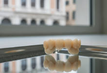 Un primo piano iperrealistico di un ponte dentale in ceramica lucida, posato su una superficie riflettente in un laboratorio odontotecnico moderno e luminoso, con uno sfondo sfocato che accenna a un panorama urbano italiano.
