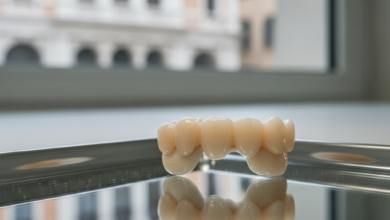 Un primo piano iperrealistico di un ponte dentale in ceramica lucida, posato su una superficie riflettente in un laboratorio odontotecnico moderno e luminoso, con uno sfondo sfocato che accenna a un panorama urbano italiano.