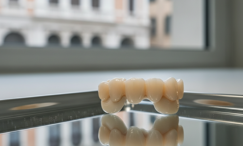 Un primo piano iperrealistico di un ponte dentale in ceramica lucida, posato su una superficie riflettente in un laboratorio odontotecnico moderno e luminoso, con uno sfondo sfocato che accenna a un panorama urbano italiano.